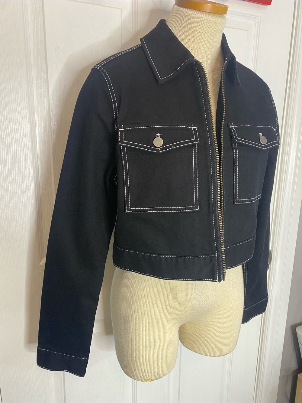 OAK + FORT Black Contrast Stitch Cropped Utility Jacket M Minimalist - Picture 3 of 13